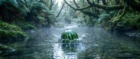 Surreal watermelon floating in mystical forest stream with lush ferns and moss-covered rocks creating dreamlike natural scene for creative projects.