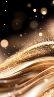 Luxurious golden waves with sparkling glitter particles and bokeh lights on dark background create elegant flowing abstract design for festive backgrounds.