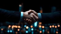 Business handshake between two professionals in formal suits against blurred city lights background symbolizing partnership agreement and corporate success.