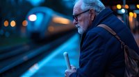 Senior Caucasian man with white beard and glasses waiting at train station platform at dusk, holding travel coffee cup, moody blue evening lighting creates nostalgic atmosphere.