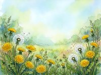 Watercolor dandelion meadow with yellow blooms and fluffy seed heads, soft green background, spring nature scene for cards, prints, and decor.
