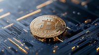 Golden bitcoin cryptocurrency coin on computer circuit board with glowing digital connections, representing digital money and blockchain technology.