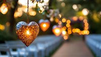 Glowing metal heart lantern hanging outdoors with warm bokeh lights creating romantic atmosphere at dusk, decorative garden lighting for evening events.
