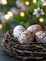 Spotted quail eggs in rustic twig nest with soft bokeh lights and white spring blossoms in background, creating magical spring atmosphere on dark surface.