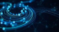 Abstract blue digital technology background with glowing circles and flowing curved lines creating futuristic cyber space atmosphere for modern designs.