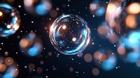 Magical soap bubbles floating in dark space with blue and orange bokeh lights creating dreamy atmosphere. Macro photography captures transparent spheres in motion.