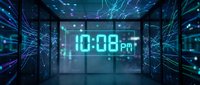 Futuristic digital clock displaying 10:08 PM in glowing cyan numbers within high-tech server room environment with blue circuit patterns and data visualization.