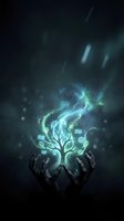 Hands holding glowing tree with science icons and blue energy particles, representing innovation, growth, sustainability, and technology concepts for business presentations.