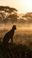 Dog silhouette sitting in golden savanna grassland at sunrise with acacia trees and morning mist creating atmospheric wildlife scene for nature photography.