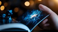 Glowing magical light emerges from open book pages against dark background with bokeh effect, creating mystical reading atmosphere for fantasy and education concepts.