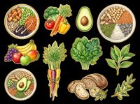 Healthy food ingredients collection with fresh vegetables, fruits, legumes, and grains isolated on transparent background. Ready for nutrition, wellness, diet, and cooking design projects including t-shirts, clipart, print-on-demand, and sublimation.