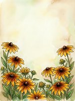 Watercolor black-eyed Susan flowers framing a soft beige background with copy space, featuring golden yellow blooms and green leaves.