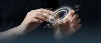 Hands holding glowing digital holographic interface with futuristic technology symbols and data visualization for innovation, communication, and business solutions.