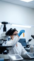 Female scientist in white lab coat examining test tube sample in modern laboratory with microscope and research equipment for medical analysis.
