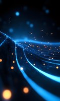 Abstract digital waves with glowing blue light streams and orange particles floating in dark space, network connectivity concept for technology backgrounds.
