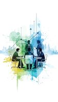 Business team meeting with growth charts and city skyline in watercolor style for corporate presentations and marketing materials.