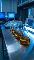 Laboratory glassware with amber liquid samples on modern research bench with computer monitors and blue lighting for scientific analysis and testing.
