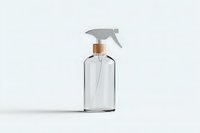 Clear glass spray bottle with wooden cap and trigger sprayer on white background, minimalist eco-friendly cleaning container isolated for product mockup design.