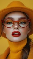 Young woman in yellow turtleneck and hat wearing red round glasses, with bright red lipstick and yellow eyeshadow makeup against yellow background, close-up beauty portrait.