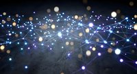 Digital network connections with glowing nodes and data pathways on dark background for technology and communication concepts.