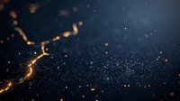 Glowing golden particles and light trails floating on dark blue background with bokeh effect and depth of field, creating magical atmosphere.