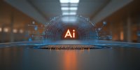 Futuristic artificial intelligence concept with glowing AI symbol under digital arch in dark corridor with orange and blue light reflections.