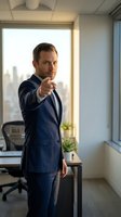 Confident businessman in navy suit pointing finger at camera in modern office with city skyline view, leadership and success concept.
