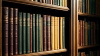 Classic library bookshelf with vintage leather-bound books in rich colors arranged on wooden shelves for academic and literary design projects.