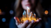 Glowing holographic cityscape with modern skyscrapers floating above open palms against dark background with bokeh lights, futuristic urban visualization concept.