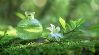 Glass bottle with green liquid essence on moss near blooming white flower in magical forest setting with natural bokeh and sunlight for wellness and spa concept.