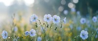 Delicate blue flax flowers blooming in soft morning light with dreamy bokeh background creating peaceful natural meadow scene for wellness and botanical content.