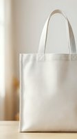 Minimalist white canvas tote bag with handles on wooden surface against neutral beige background for eco-friendly shopping and sustainable lifestyle.