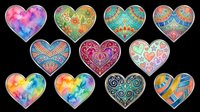 Colorful decorative hearts with watercolor, floral, geometric, and mandala patterns isolated on transparent background. Ready for t-shirt designs, stickers, clipart, sublimation, print-on-demand products and digital crafts.
