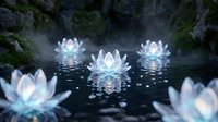 Mystical white lotus flowers floating on dark water with ethereal glow and mist creating serene spiritual atmosphere for meditation and wellness designs.