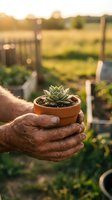 Senior gardener hands holding small succulent plant in terracotta pot at sunset in backyard garden with warm golden light and blurred fence background.