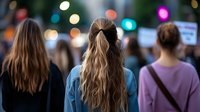 Young women at evening protest rally with bokeh lights and protest signs in background, focus on blonde woman with ponytail wearing denim jacket, shot from behind.
