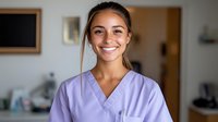 Young Hispanic female healthcare worker wearing purple scrubs smiles warmly in medical office setting, displaying professional and friendly demeanor for healthcare and medical concepts.