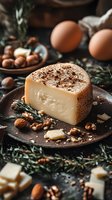 Aged cheese wheel segment with cocoa powder dusting on rustic plate, garnished with fresh rosemary sprigs, walnuts and almonds. Dark moody food photography.