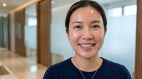 Professional Asian businesswoman smiling confidently in modern office environment with natural lighting and contemporary corporate interior design.