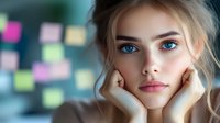 Young blonde woman with blue eyes resting chin on hands in contemplative pose against blurred colorful background for business and lifestyle concepts.