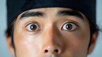 Close up portrait of young Asian male eyes and eyebrows showing surprise emotion with wide open brown eyes against dark background.