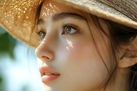 Close up portrait of young Asian woman in straw hat looking up dreamily with sunlight creating delicate shadows on her face, natural makeup and glowing skin.