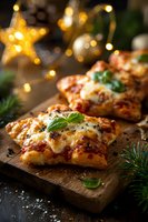 Star-shaped pizza appetizers with melted cheese and fresh basil on wooden board with festive Christmas decorations and bokeh lights in background.