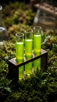 Three glass test tubes with bright green liquid in wooden holder on moss background for natural science research and botanical laboratory experiments.