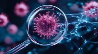 Magnified view of pink virus cell through glass lens with blue network connections on dark background, scientific research concept for medical presentations.