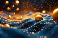 Abstract cosmic background with glowing golden spheres floating in deep blue waves of energy, perfect for spiritual or scientific designs and presentations.