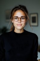 Young Caucasian woman wearing glasses and black sweater smiling at camera. Natural soft lighting creates warm atmosphere for lifestyle and portrait photography.
