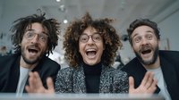 Three excited business professionals with glasses celebrating success in modern office environment, showing joy and enthusiasm during team meeting.