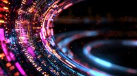 Futuristic circular tunnel with glowing pink and blue neon lights creating dynamic motion effect against dark background, abstract technology concept for digital presentations.