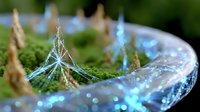 Magical miniature landscape with glowing blue lights and golden spires emerging from moss, creating ethereal fantasy scene with dreamy bokeh effect.